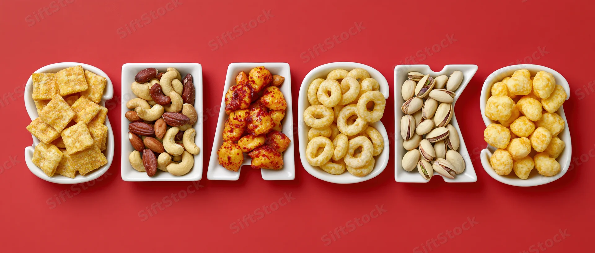 Ceramic bowls shaped as letters spelling snacks filled with various snacks on red background