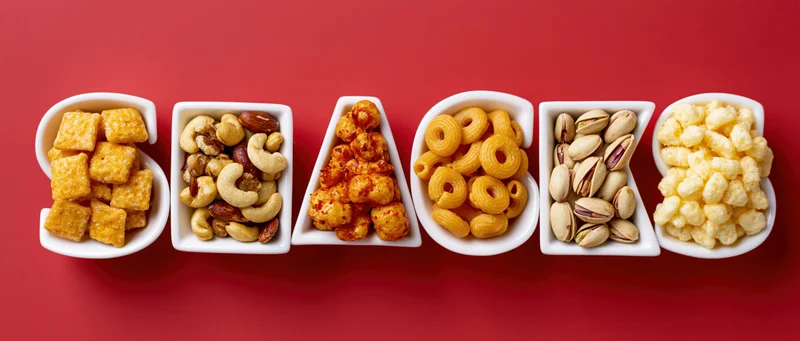 Ceramic bowls shaped as letters spelling snacks filled with various foods on red background