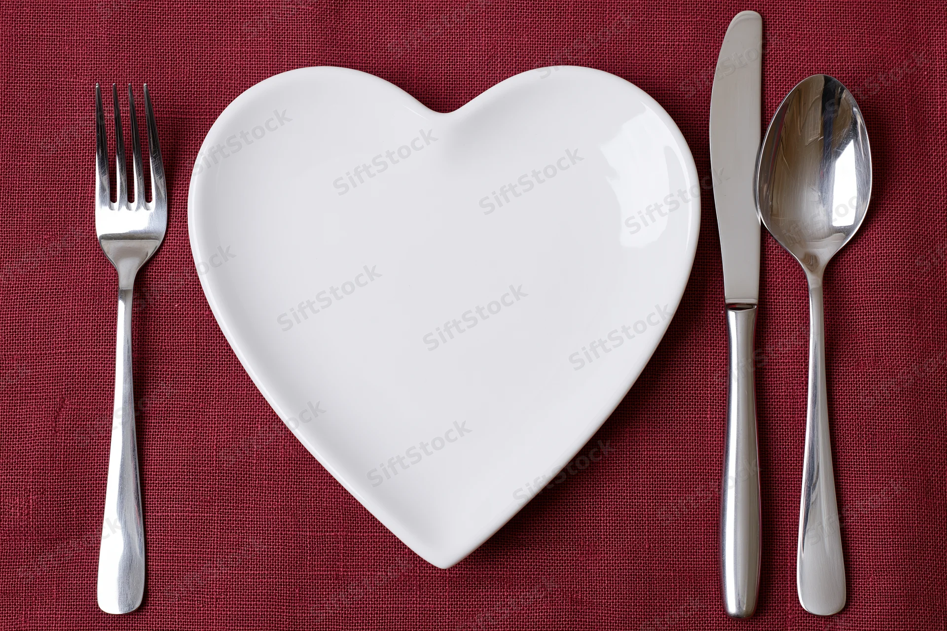 Heart-shaped white ceramic plate centered on red linen tablecloth with fork, knife and spoon arranged around it