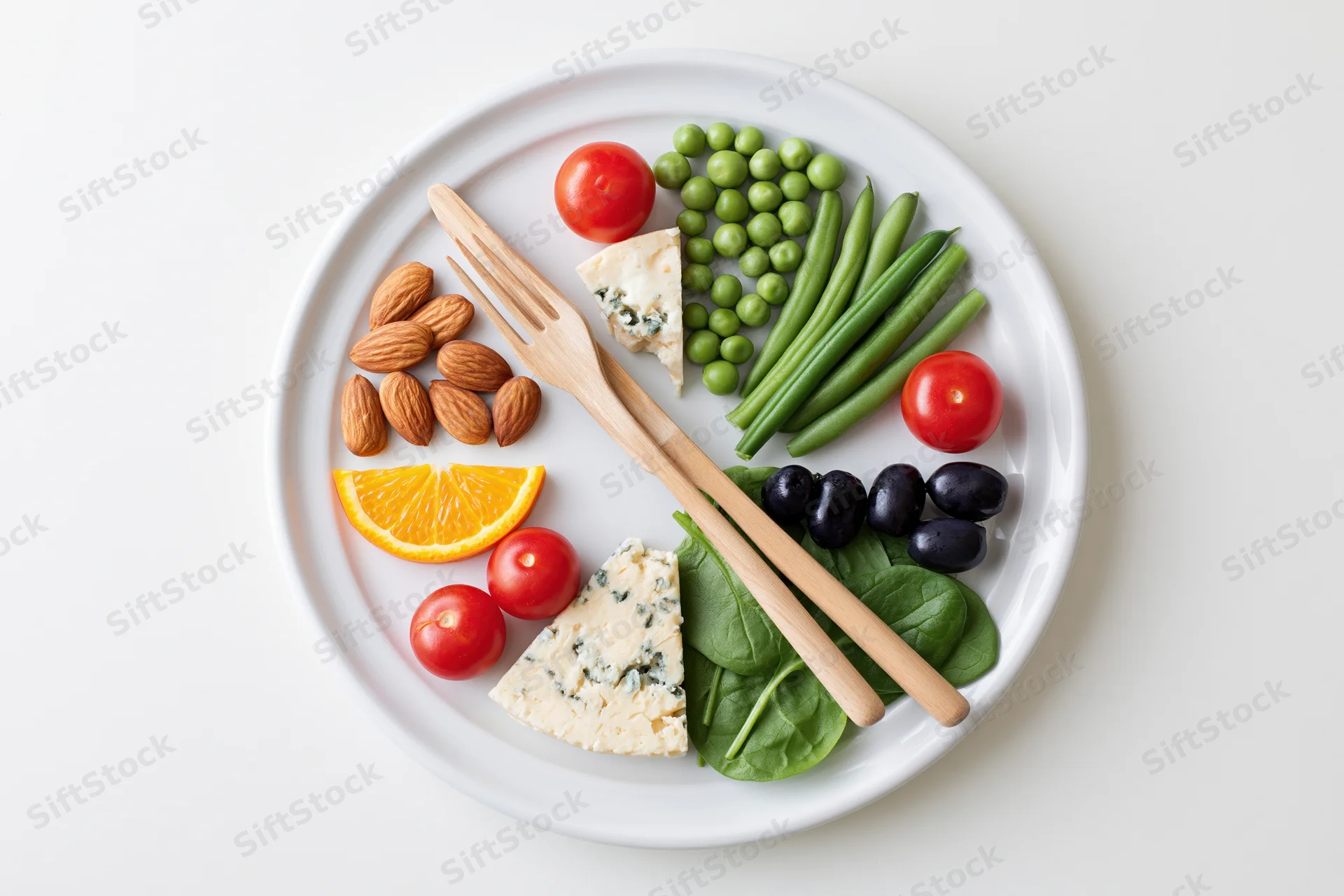 White plate with colorful fresh vegetables, fruits, cheese and nuts arranged in a circular pattern with cutlery on a white surface