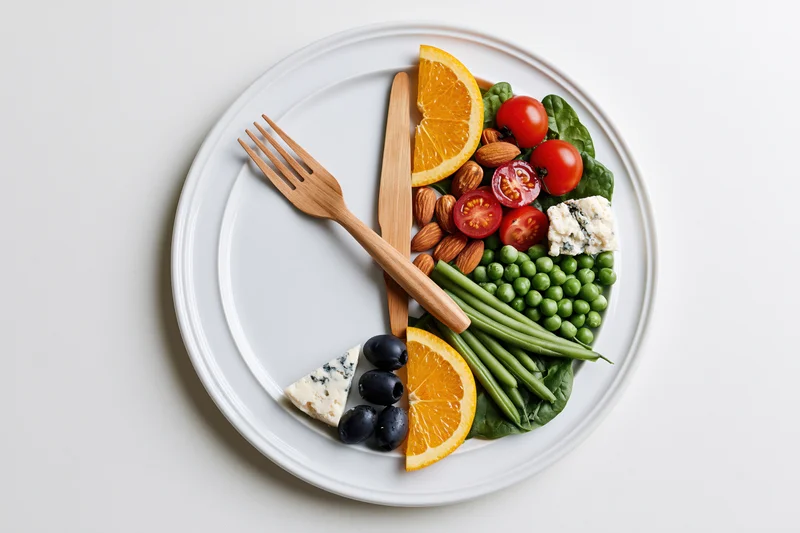White ceramic plate with colorful vegetables and fruit arranged as a healthy salad with wooden cutlery on a plain surface