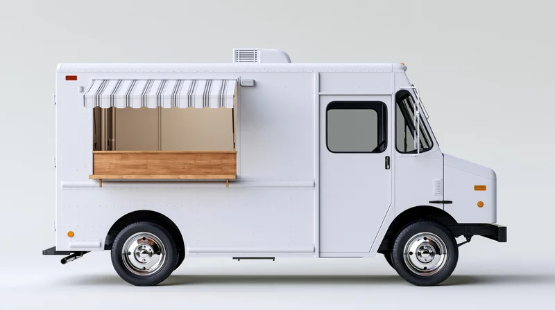 White food truck parked and viewed from side with service window and striped awning
