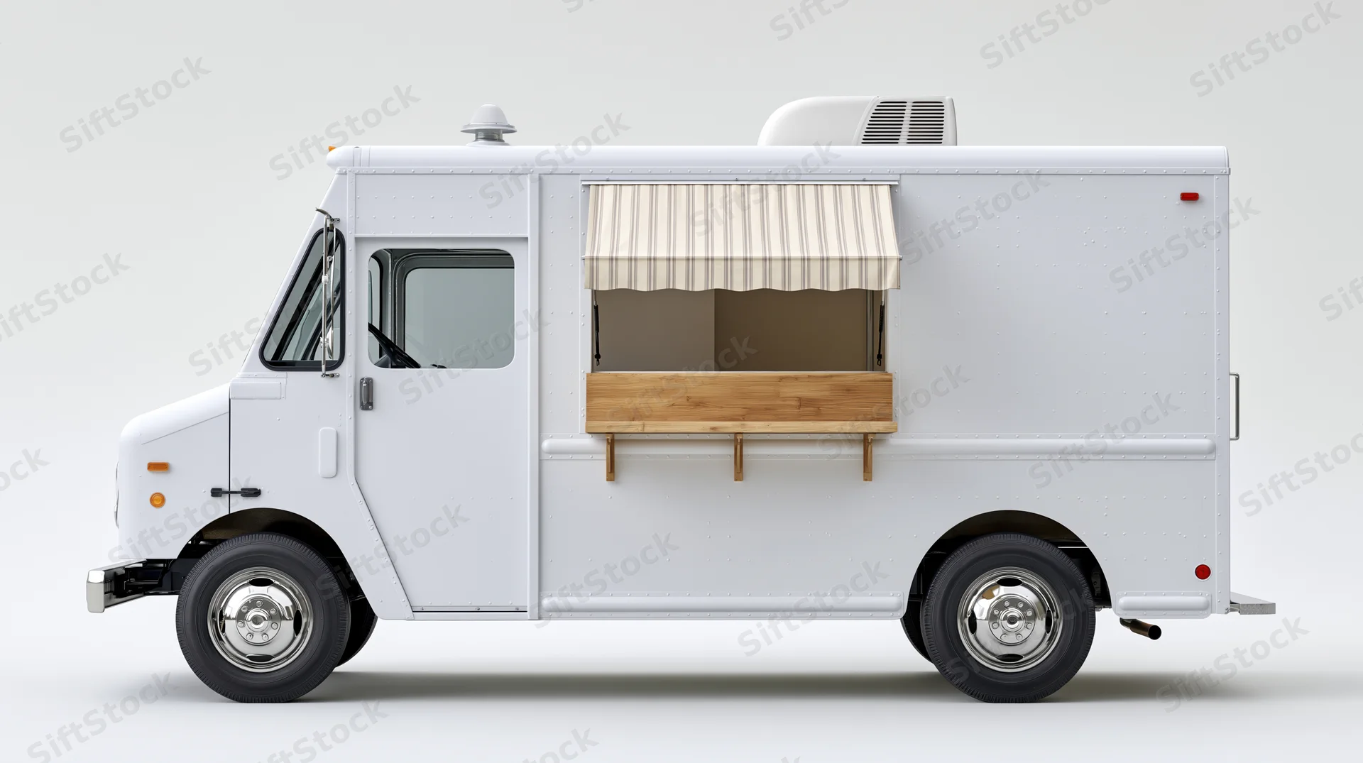 White food truck with side service window and striped awning on plain background