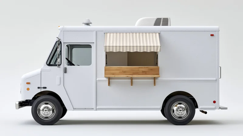 White food truck with side service window and striped awning on plain background