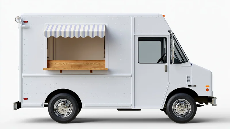 White food truck with striped awning and wooden counter viewed from side, parked on plain background