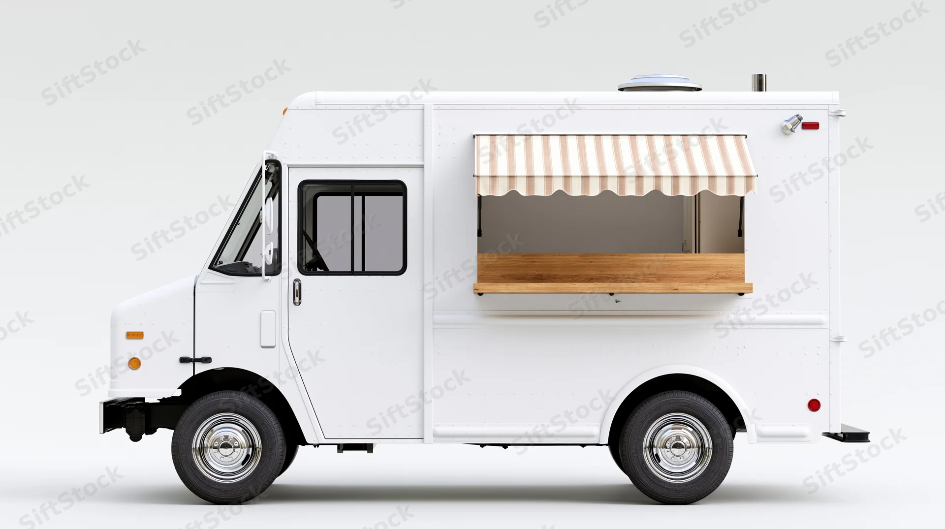 White food truck with striped awning and wooden counter viewed from side, parked on plain background
