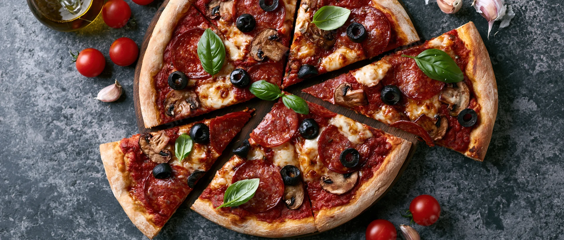 Sliced pepperoni and mushroom pizza on dark stone surface with cherry tomatoes and garlic cloves scattered around