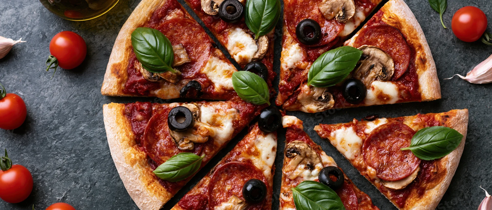 Sliced pepperoni and mushroom pizza with basil and olives on dark slate surface