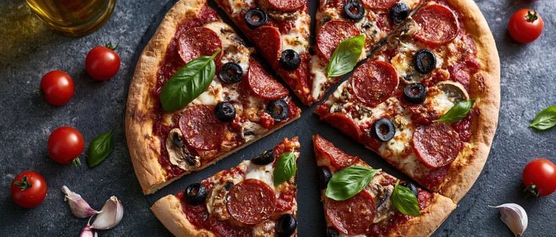Sliced pepperoni and mushroom pizza with basil and garlic on dark stone surface