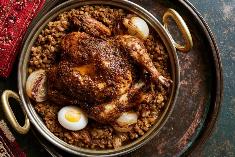 Whole roasted spiced chicken served in a brass-handled metal pot with lentils, egg, and onions on a dark textured platter