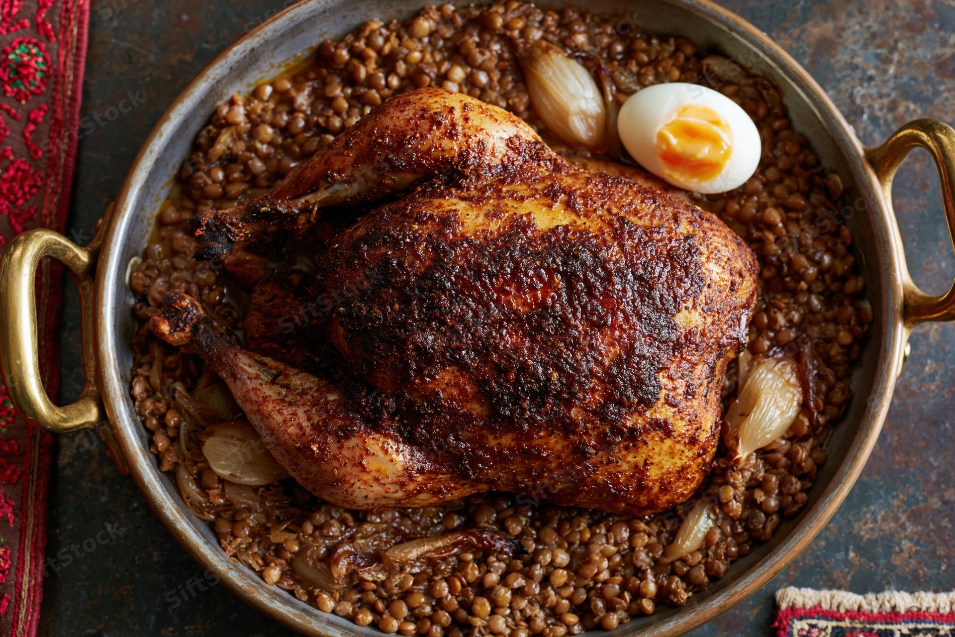 Whole roasted spiced chicken nestled in lentils with halved egg and onions in a brass-handled pan on a rustic table