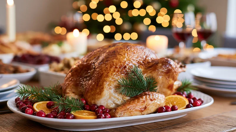 Roasted turkey on a white platter garnished with cranberries, orange slices and pine sprigs on a dining table with candles and blurred christmas lights in the background