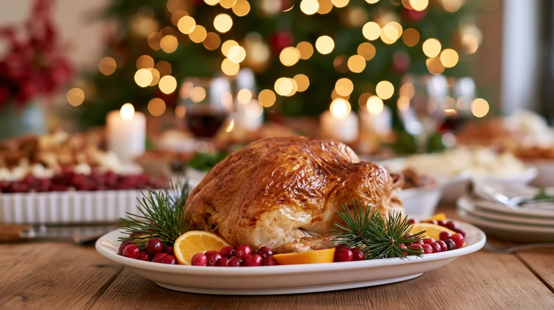 Roasted turkey on a white platter garnished with cranberries and orange slices on a wooden table with christmas tree lights in the background