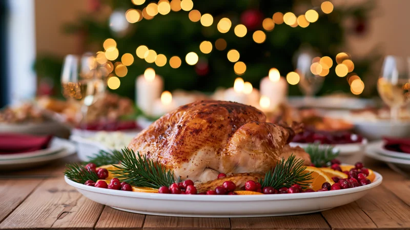 Roasted turkey on a white platter garnished with cranberries and rosemary on a wooden table with candles and a lit christmas tree in the background
