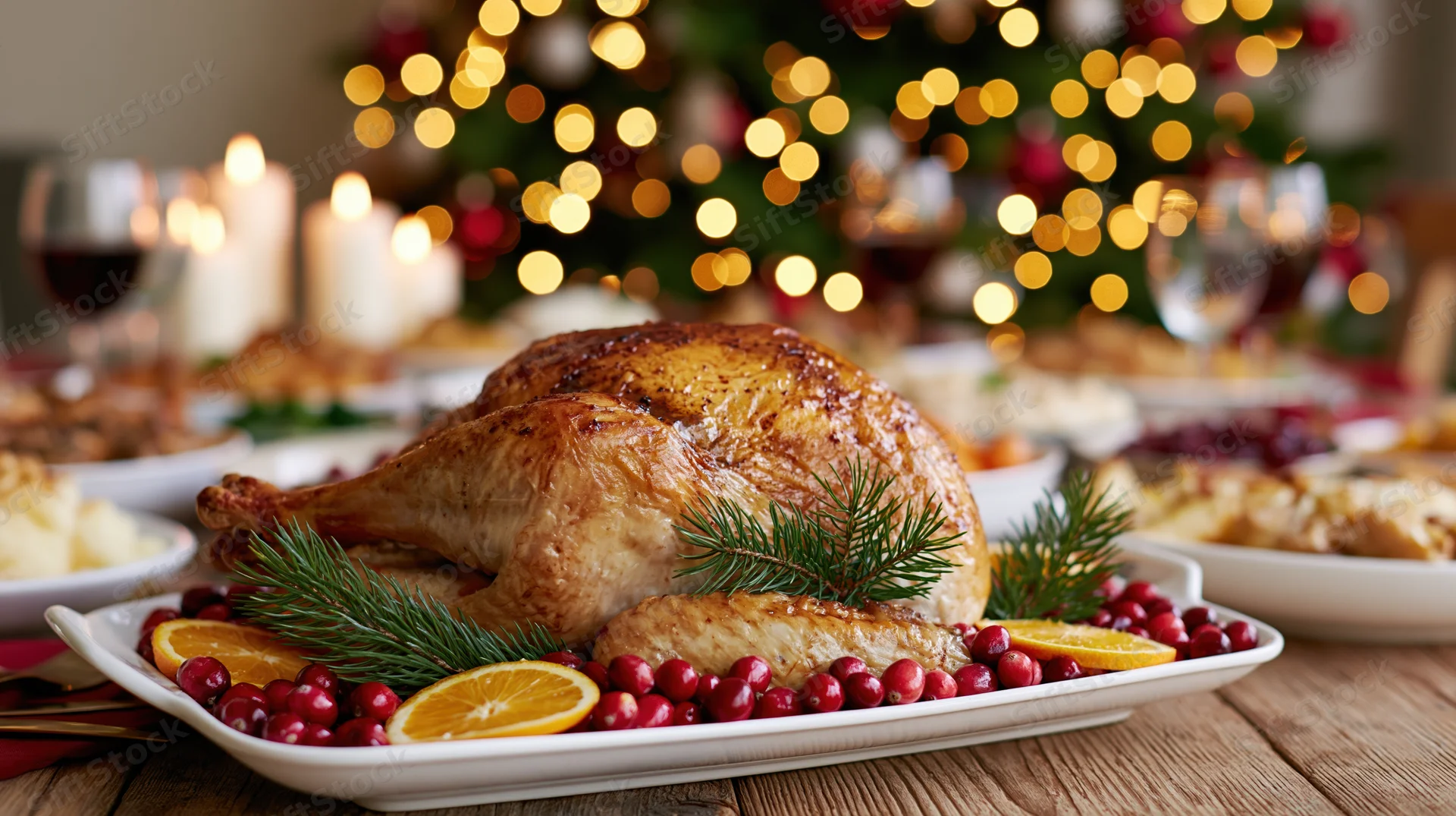 Roasted turkey on a white platter garnished with cranberries and orange slices on a wooden table with christmas tree and candles in background