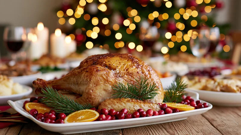 Roasted turkey on a white platter garnished with cranberries and orange slices on a wooden table with christmas tree and candles in background