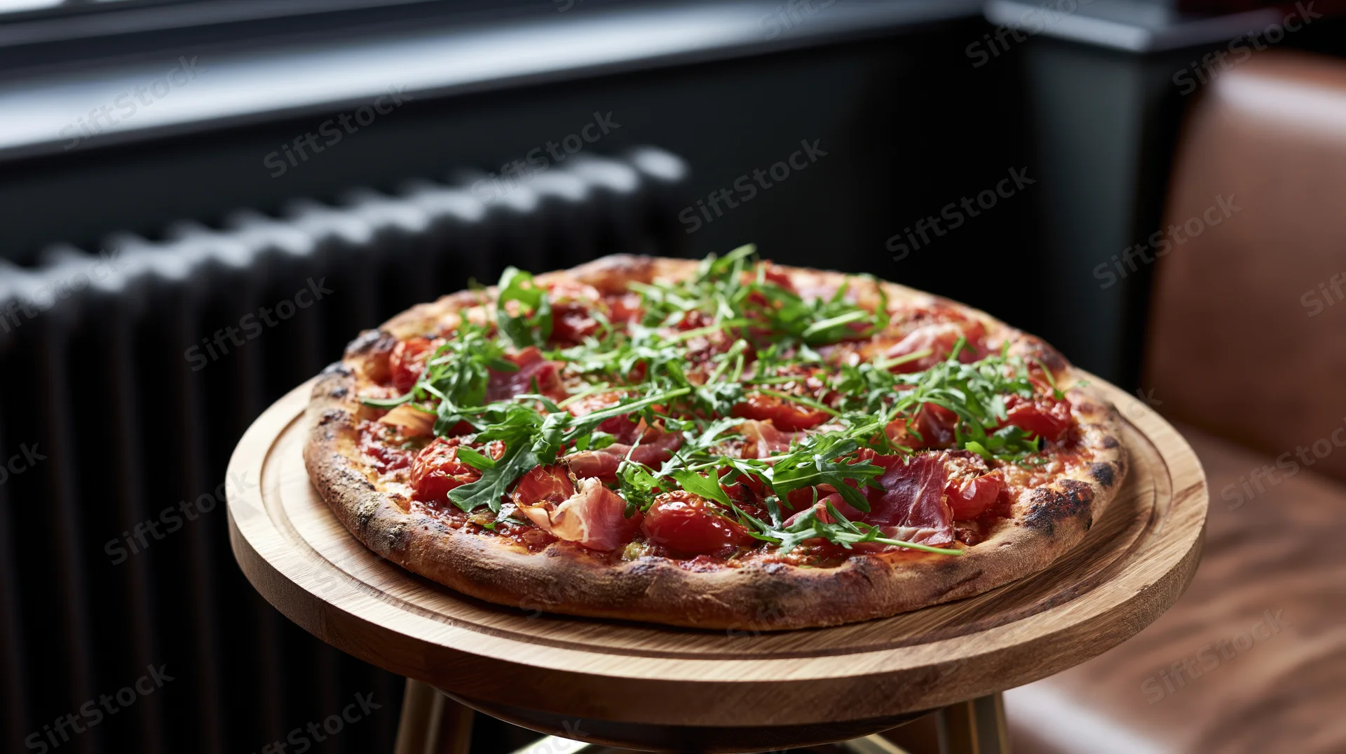 Wood-fired pizza topped with prosciutto and roasted tomatoes on a wooden tray in a restaurant setting