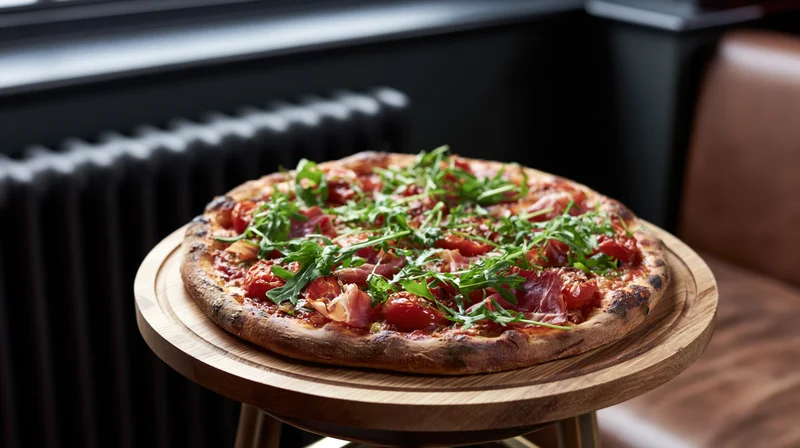 Wood-fired pizza topped with prosciutto and roasted tomatoes on a wooden tray in a restaurant setting