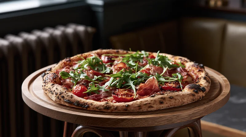 Wood-fired pizza with prosciutto and roasted tomatoes on a wooden tray in a restaurant interior