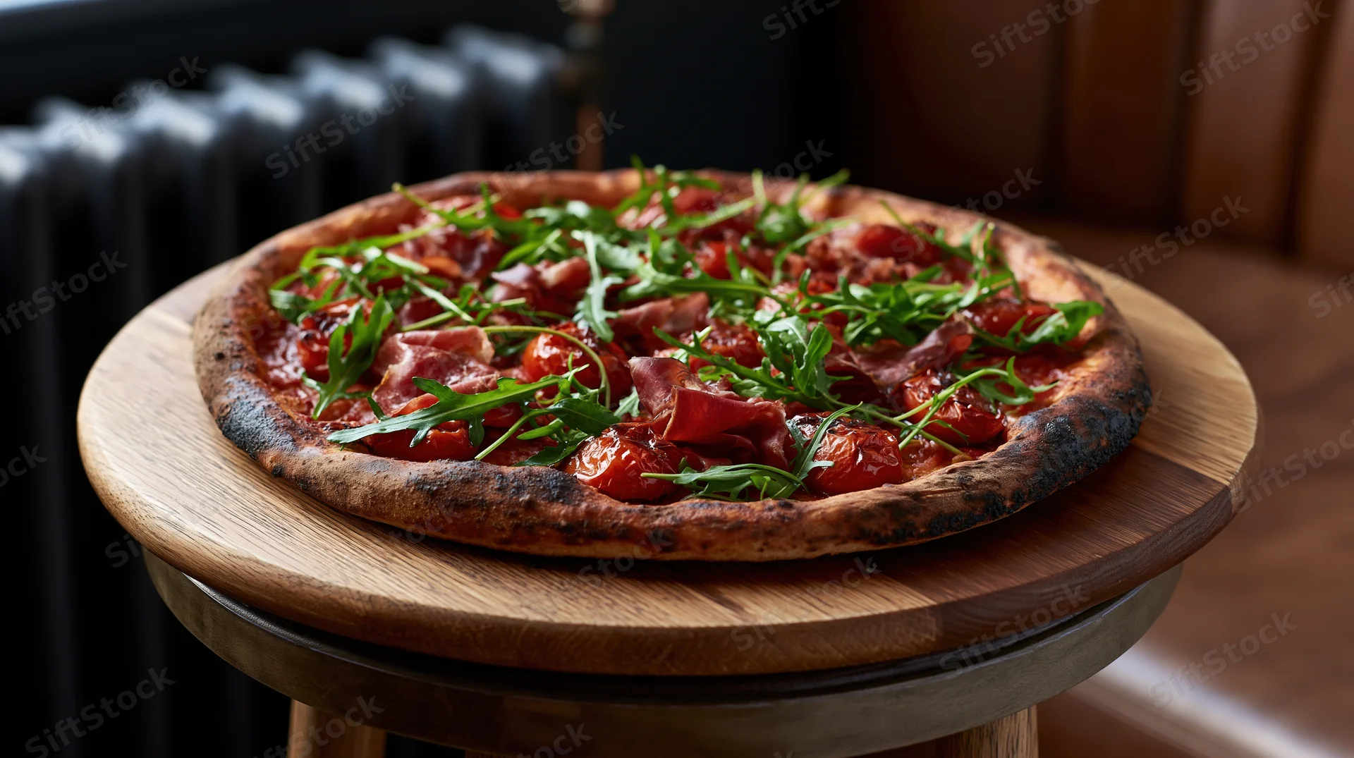 Wood-fired pizza with prosciutto and roasted tomatoes on a wooden serving board in a restaurant interior