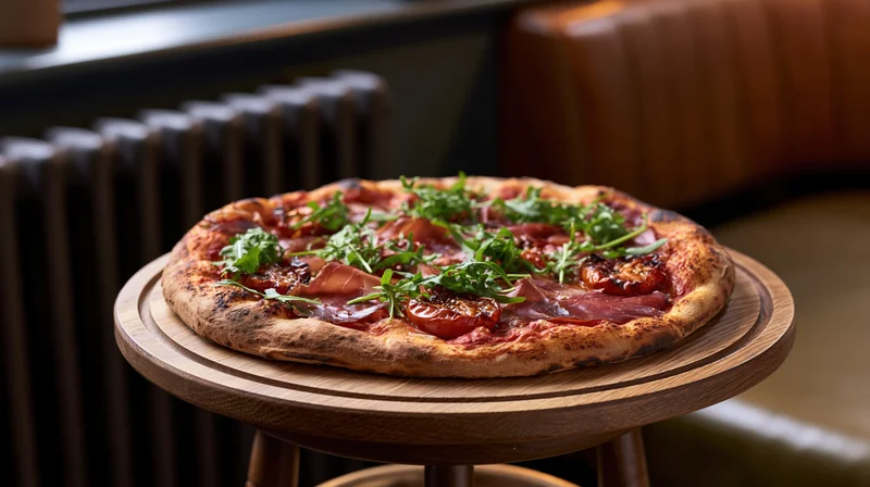Wood-fired pizza topped with prosciutto and roasted tomatoes on a wooden serving tray in a restaurant setting