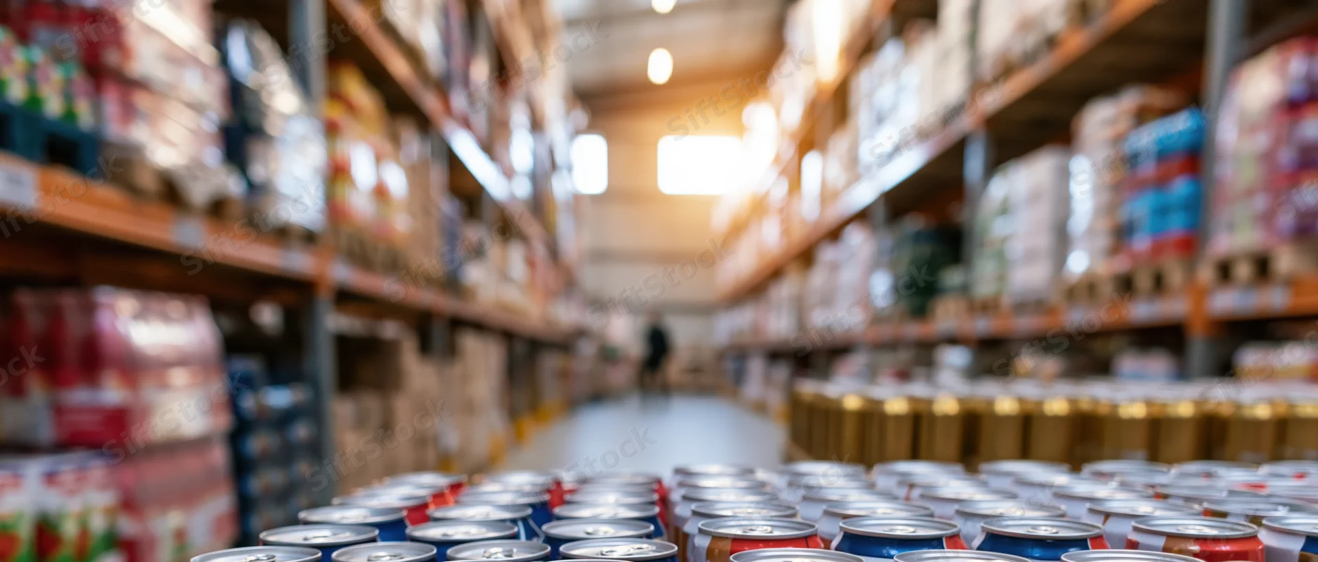 Rows of canned beverages on shelves in a warehouse aisle with blurred background