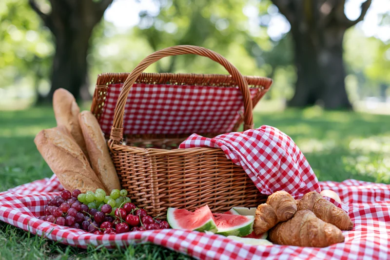 Wicker picnic basket open on red and white checkered blanket with bread, fruit and pastries on grass in park