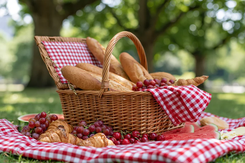 Wicker picnic basket filled with bread, fruit and cheese on a red and white checkered blanket in a grassy park setting