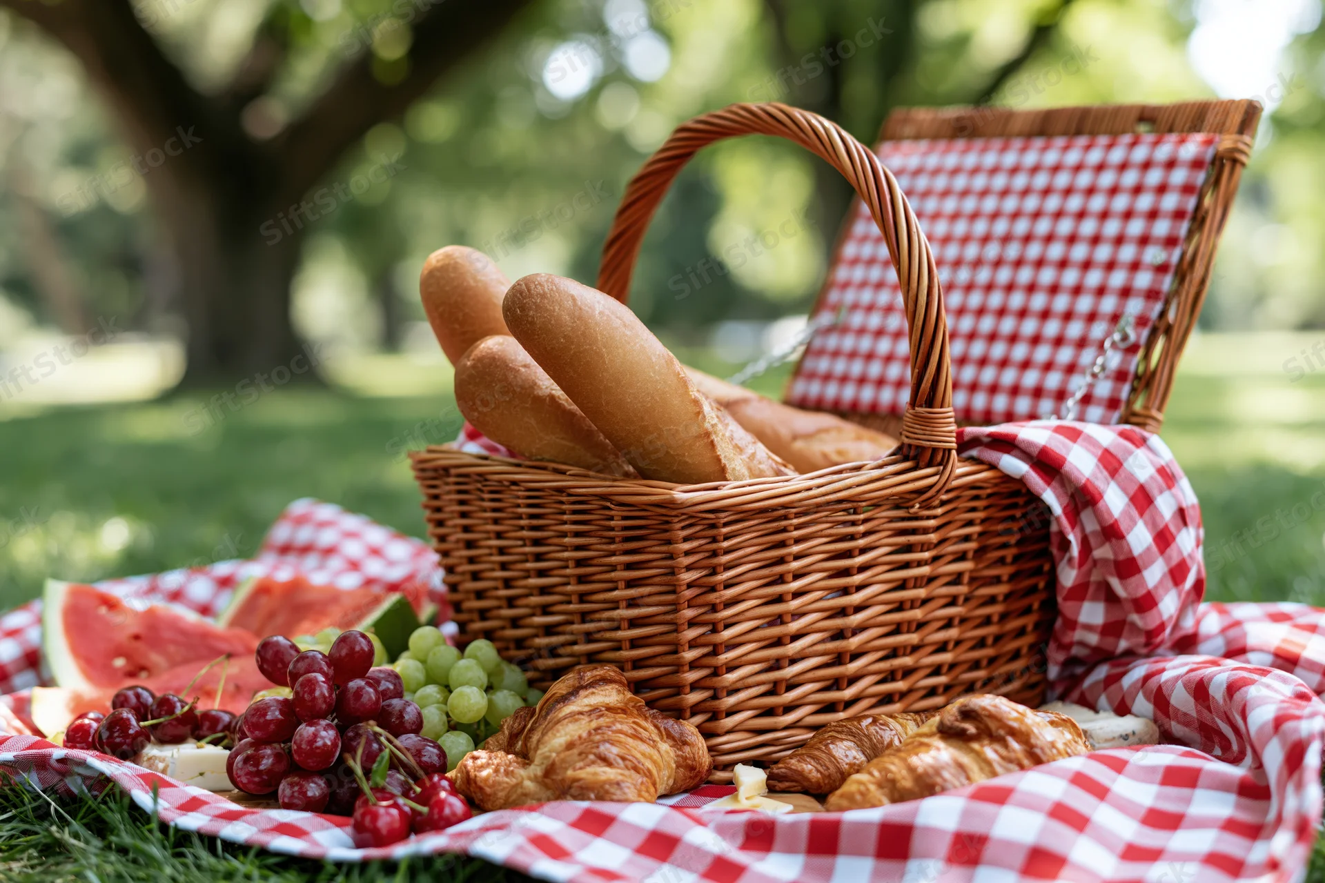 Wicker picnic basket open on grass with bread, fruit and croissants on a red and white checkered blanket