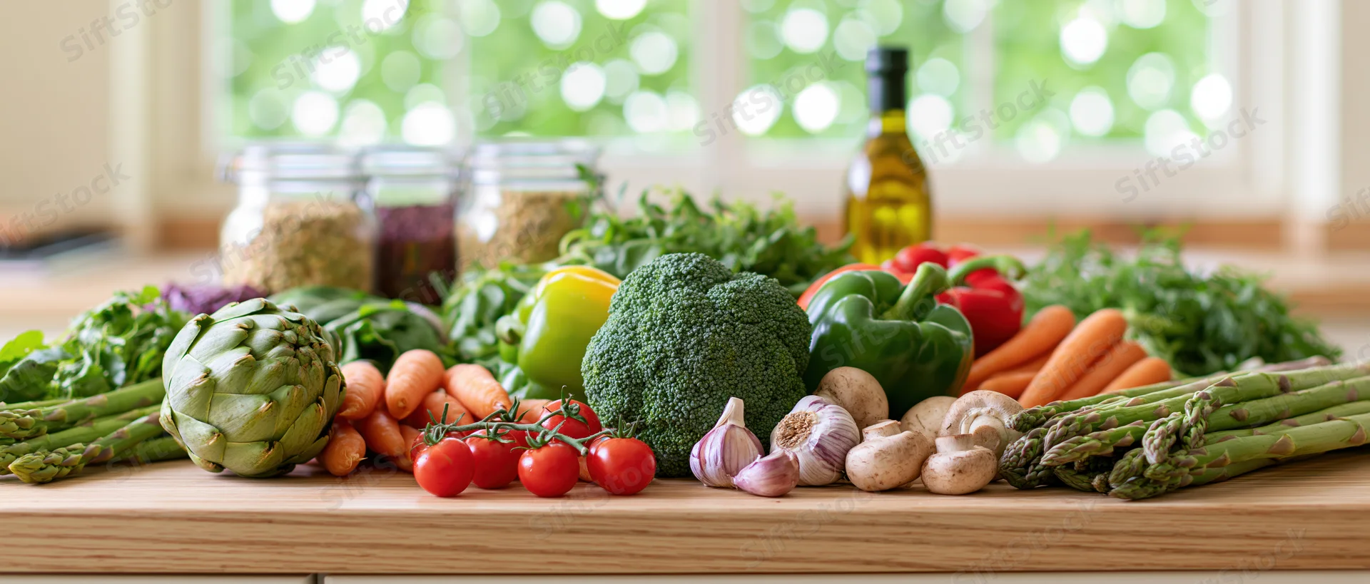Fresh raw vegetables arranged on a wooden kitchen countertop near a window