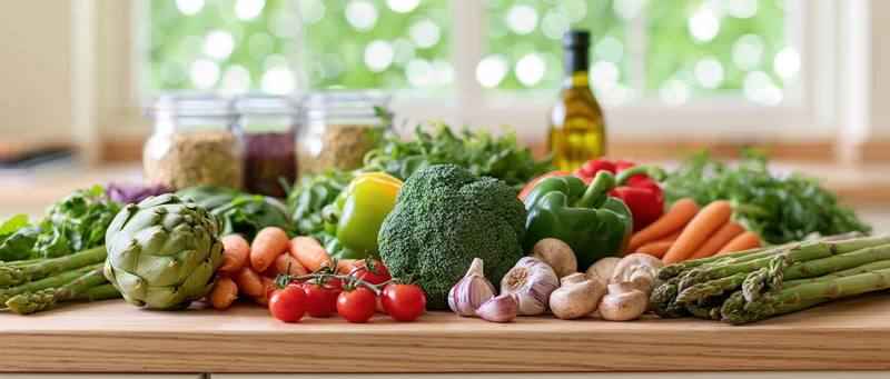 Fresh raw vegetables arranged on a wooden kitchen countertop near a window