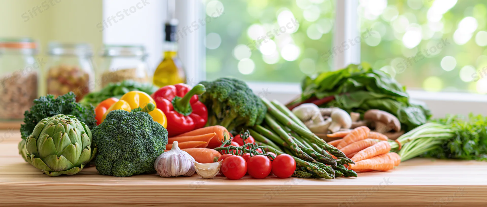 Fresh raw vegetables arranged on a wooden countertop near a window