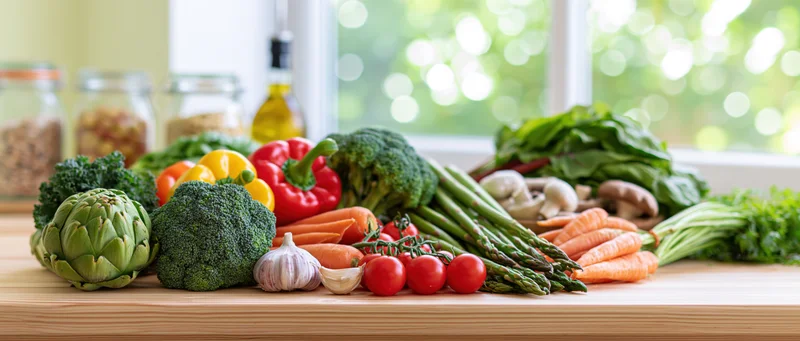 Wide assortment of vegetables spread across a wooden table