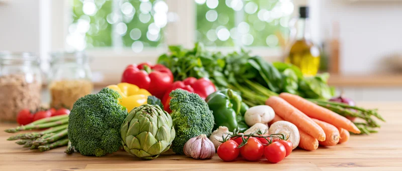 Fresh raw vegetables arranged on a wooden kitchen countertop near a window