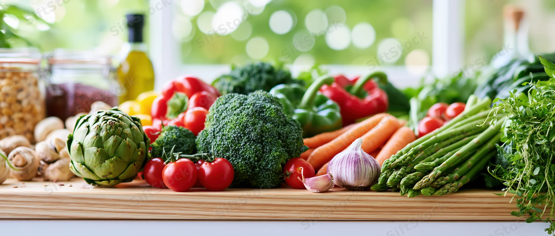 Fresh raw vegetables arranged on a wooden cutting board in a kitchen
