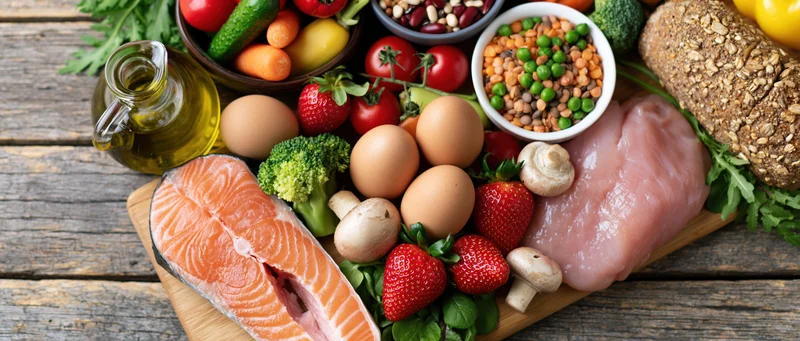 Salmon fillet, eggs, strawberries, broccoli, mushrooms, chicken, bread, and olive oil arranged on a wooden cutting board with vegetables and fruits around
