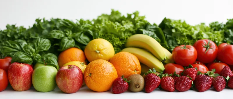 Wide horizontal arrangement of fresh fruits and vegetables on white background