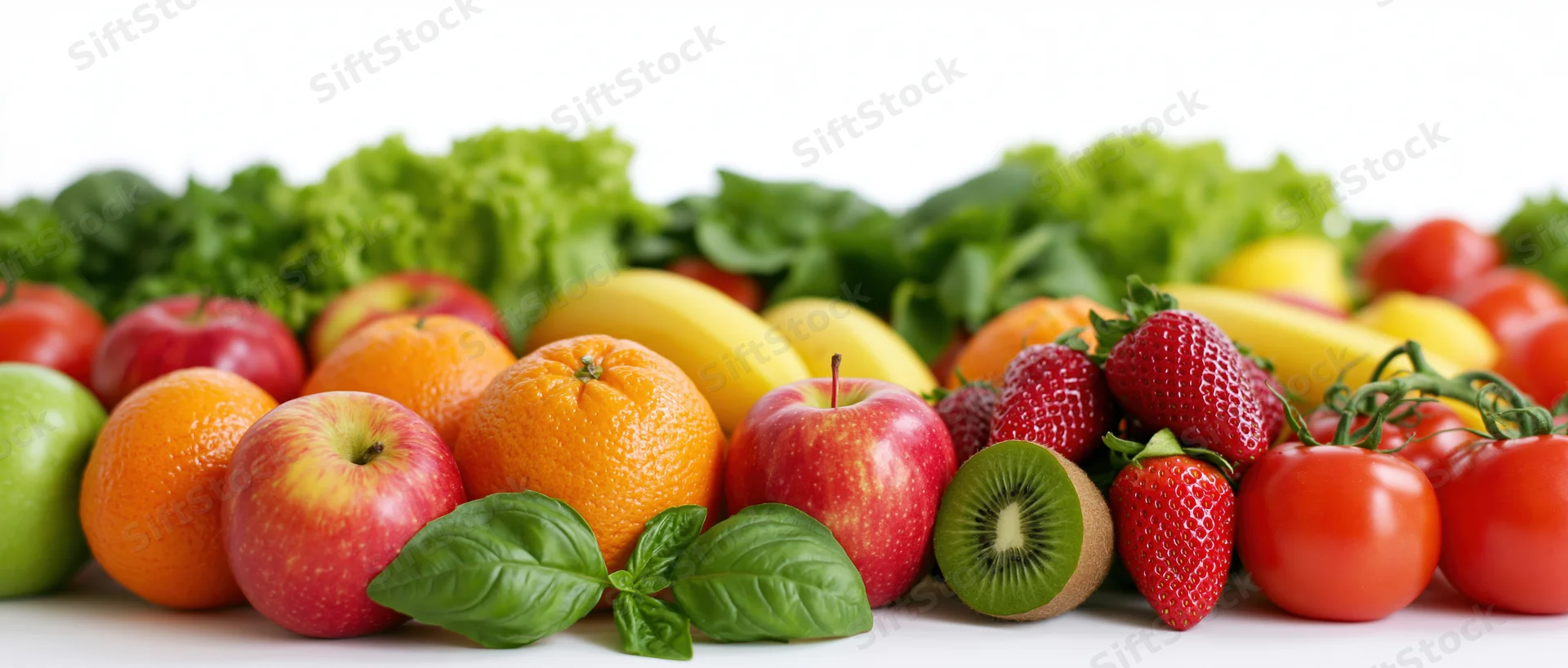 Wide horizontal arrangement of fresh fruits and vegetables on white background