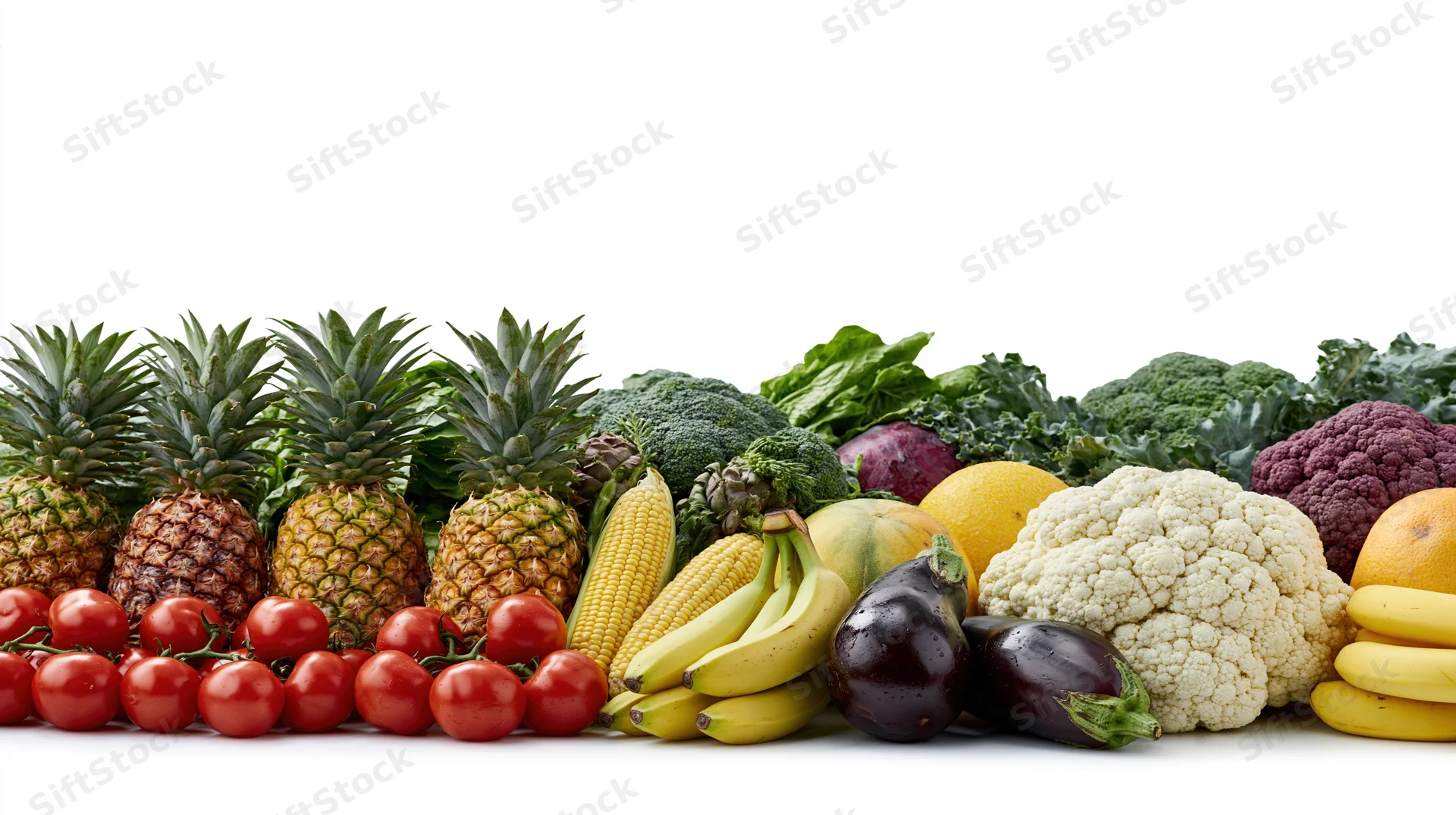 Row of fresh fruits and vegetables arranged horizontally on white background