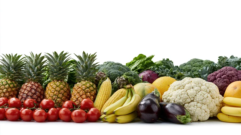 Row of fresh fruits and vegetables arranged horizontally on white background