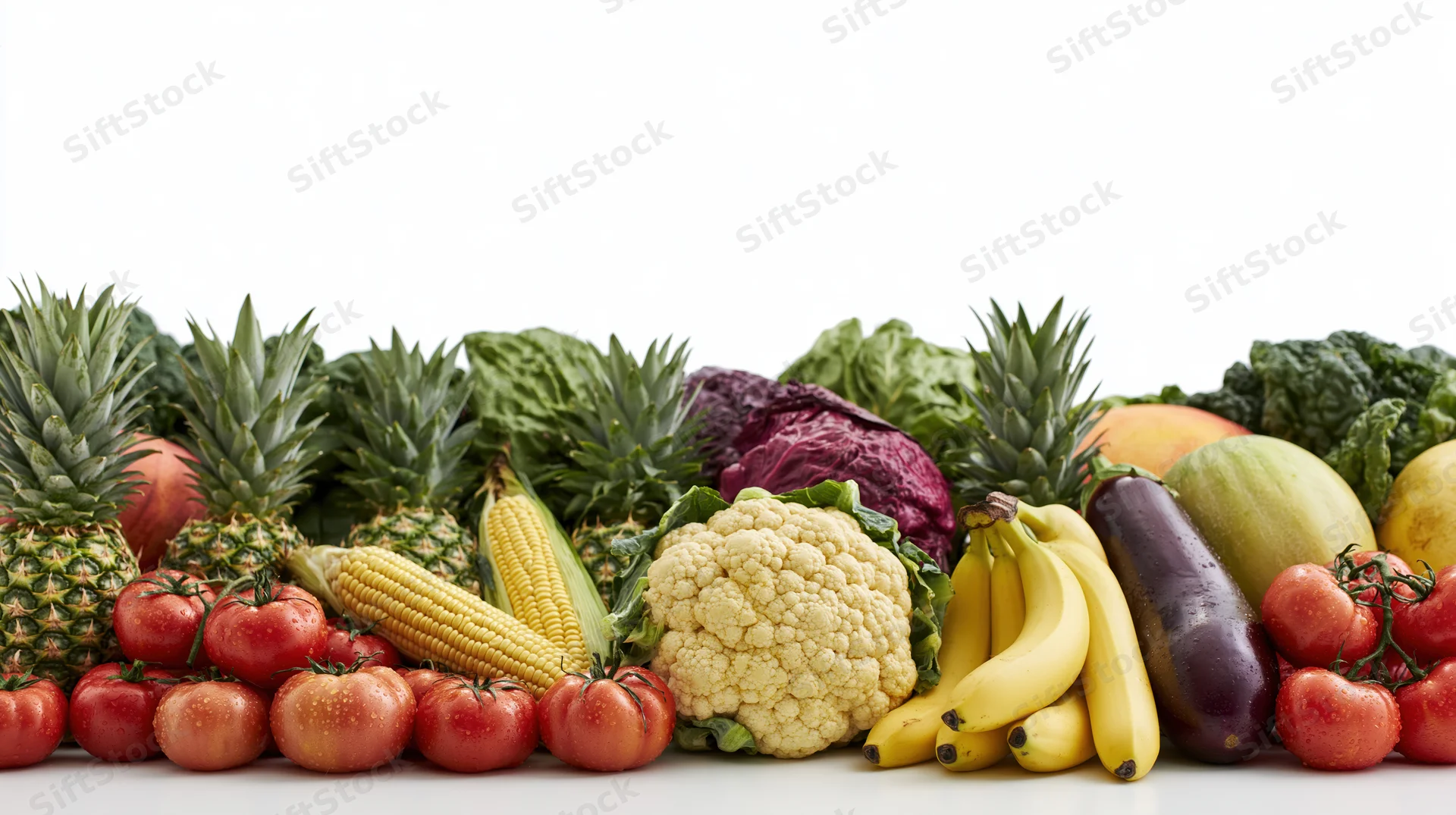 Row of fresh fruits and vegetables arranged horizontally on white background