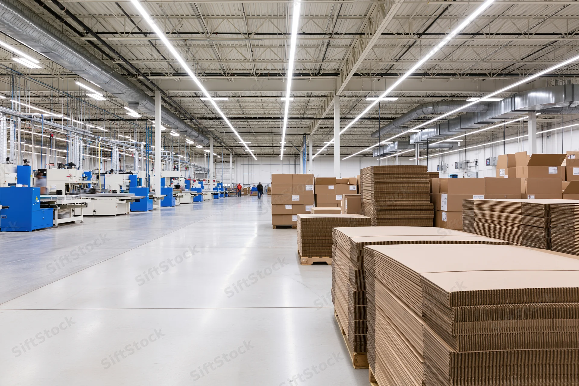 Wide interior view of a modern factory with machinery and stacked cardboard boxes on pallets