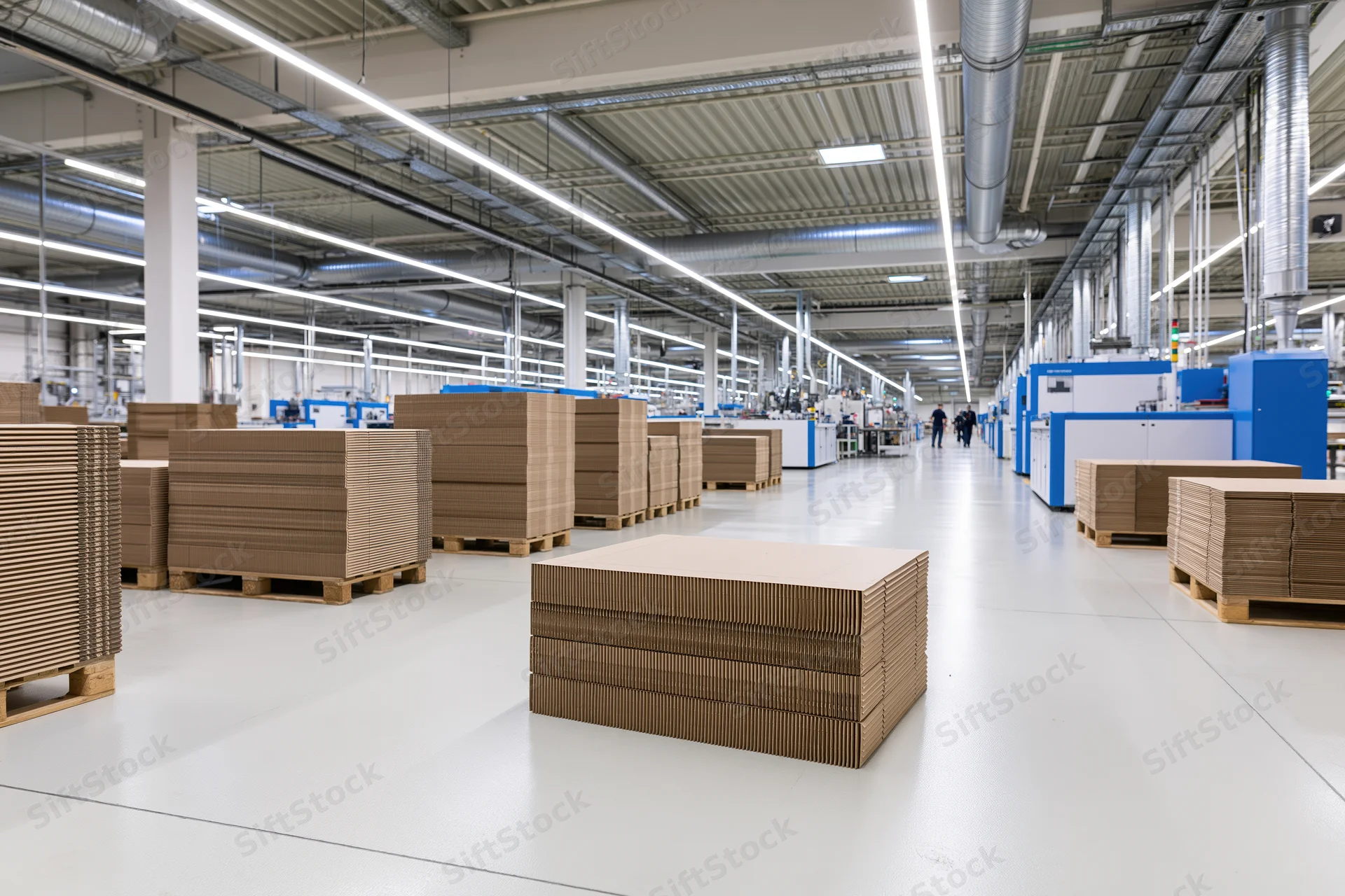 Interior of a modern manufacturing facility with stacks of cardboard boxes on pallets and industrial machinery along the sides