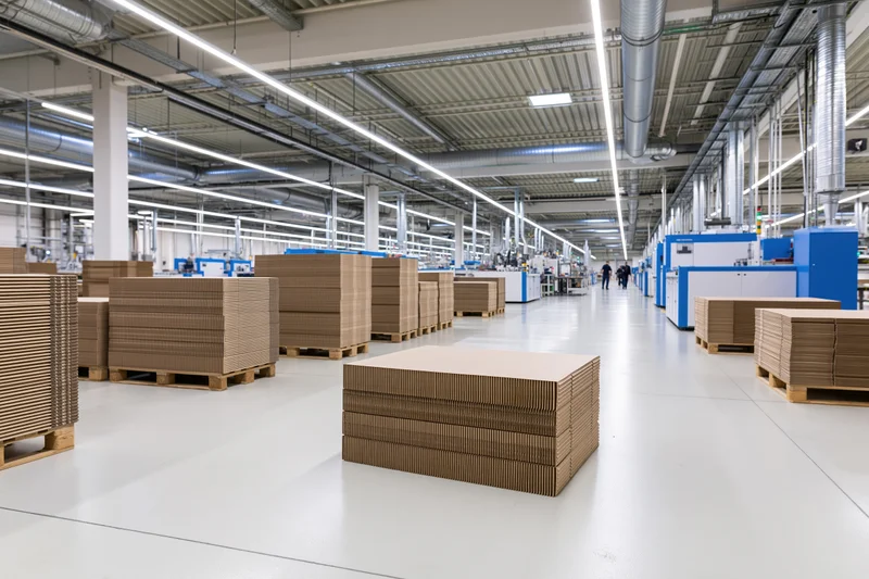 Interior of a modern manufacturing facility with stacks of cardboard boxes on pallets and industrial machinery along the sides