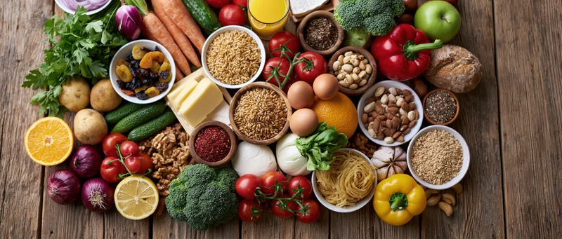 Variety of fresh whole foods arranged on wooden table in flat lay overhead view