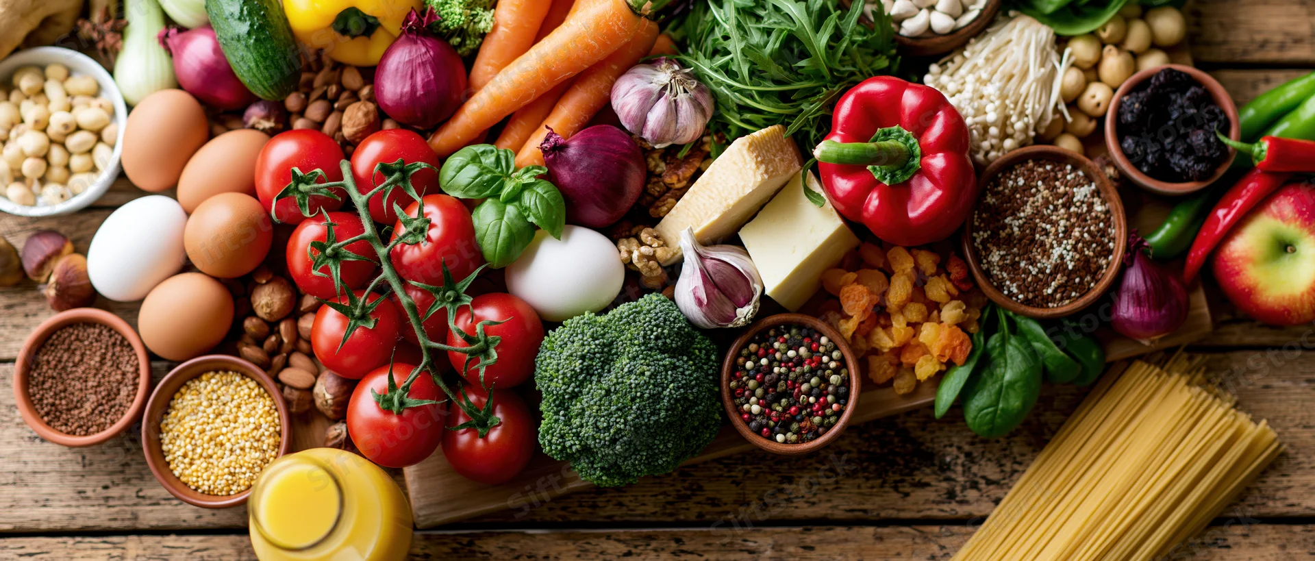 Overhead flat lay of fresh vegetables fruits eggs dairy grains and legumes arranged on wooden table