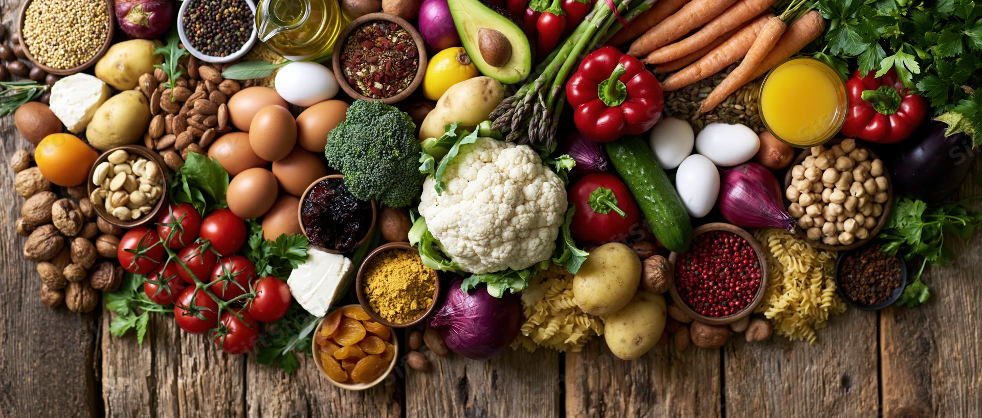 Variety of fresh vegetables, fruits, nuts, seeds, eggs and dairy arranged on a wooden table in a flat lay overhead view