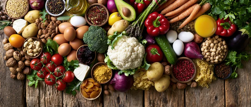 Variety of fresh vegetables, fruits, nuts, seeds, eggs and dairy arranged on a wooden table in a flat lay overhead view