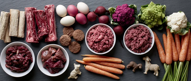 Raw dog food ingredients arranged in a flat-lay on dark surface with meat, vegetables, eggs and small dog figurines