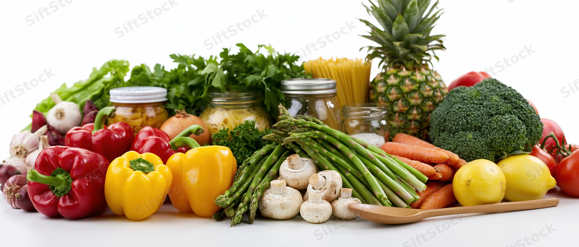 Colorful assortment of fresh vegetables, fruits, pasta, and jars on white surface